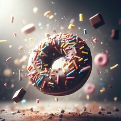 chocolate donut with sprinkles fluying background