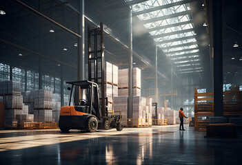 Industrial Warehousing. Skilled forklift operator moving goods in a large high-ceiling warehouse. Logistics and distribution concept.