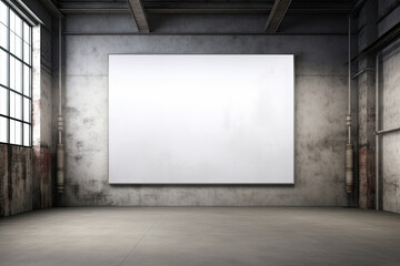 large white blank screen in a empty concrete interior. empty industrial room with a large blank white screen 