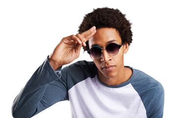 Portrait, salute and sunglasses with a young black man isolated on transparent background for...