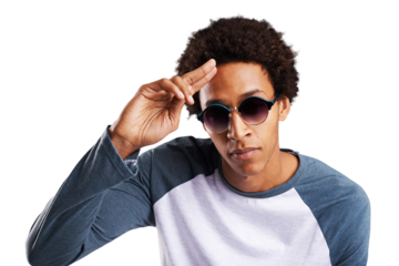 Portrait, salute and sunglasses with a young black man isolated on transparent background for style. Face, confident or fashion and a serious model on PNG to wear a trendy clothes outfit with shades