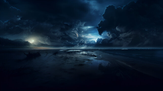A beach background with a cloudy sky, dark mood, foog and smoke around