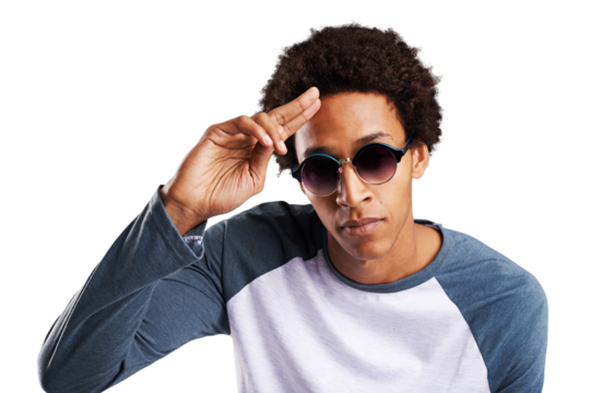 Portrait, salute and sunglasses with a young black man isolated on transparent background for style. Face, confident or fashion and a serious model on PNG to wear a trendy clothes outfit with shades