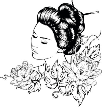 recommend clip art: vector illustration of woman geisha outline design