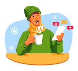 Man in winter clothes with a cup of coffee and a smartphone social media