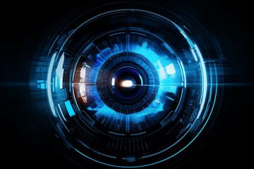 A futuristic eye with a blue light coming out of it, technology background