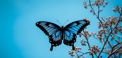 The delicate silhouette of a painted butterfly against a clear blue sky.