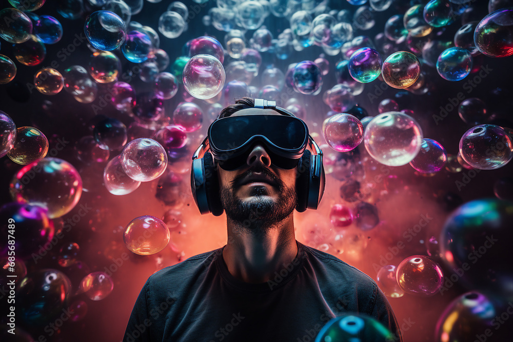 Poster youngster watching 3d object in virtual world fun cheerful vr glasses goggles generative ai