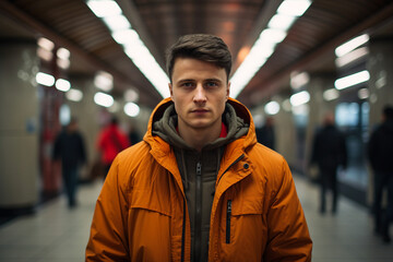 Fototapeta premium Confident man standing in subway station generative AI technology
