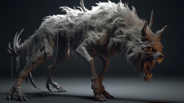 Horror Dire wolf with antlers and 8 legs.Generative AI