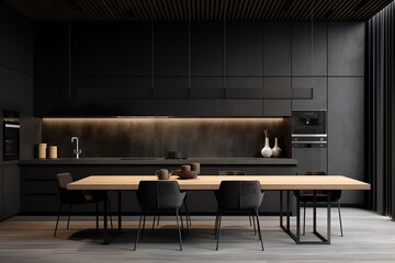 Sleek and modern, dark black kitchen exudes industrial edge and sophisticated style - obrazy, fototapety, plakaty