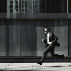 Businessman running near bank building