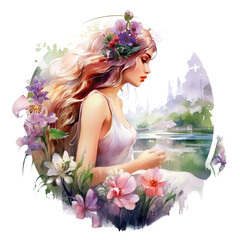 Watercolor Fairy tale Beauty in the Garden Mystical Botanical Wonderland Art