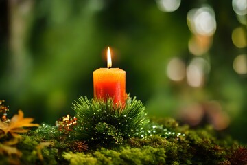 lit candle in the forest 