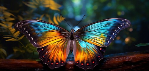 The iridescent patterns on a painted butterfly's wings illuminated by morning light.