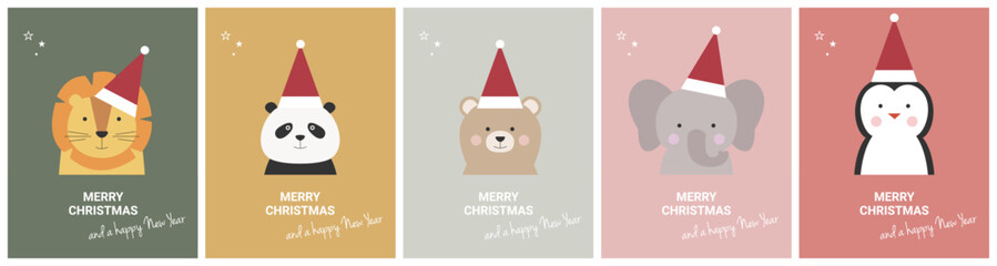 Festive animal trio: happy merry christmas card with cute characters, christmas lion, panda, bear, elephant and penguin vector set