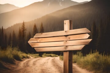 handcrafted direction wooden signs in front of a forest path
