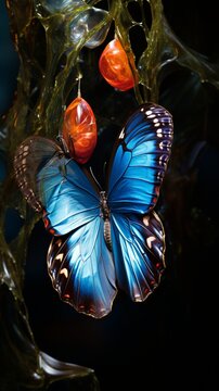 A painted butterfly emerging from its chrysalis.