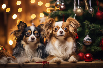 Cute fluffy pets posing for christmas photo shooting near tree Generative AI