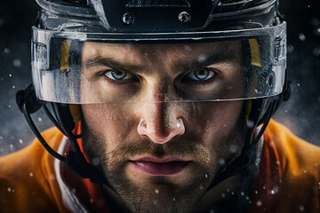Serious hockey player face made with Generative AI tools technology