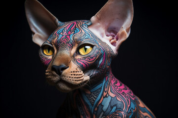 Generated by AI picture modern style sphinx cat with pattern on skin many tattoo