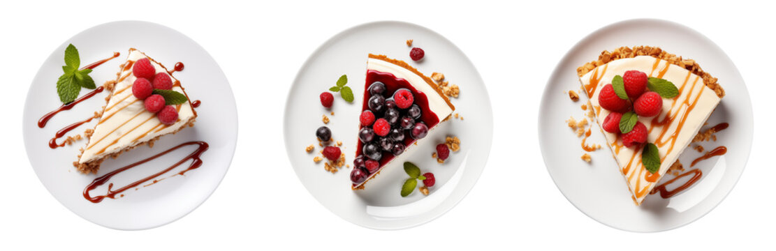 Top view set of delicious cheesecake dessert served on white plate, cut out - stock png.