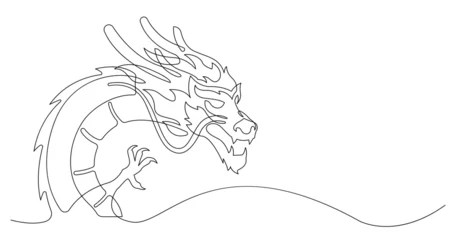 Voilages Une ligne Chinese dragon head in one continuous line drawing.