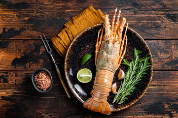 Gourmet dinner with Spiny lobster or sea crayfish on a plate. Wooden background. Top view