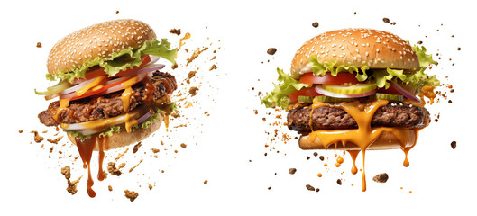 Juicy hamburger. Ingredients fly in the air, cut out - stock png.