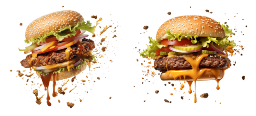 Juicy hamburger. Ingredients fly in the air, cut out - stock png.