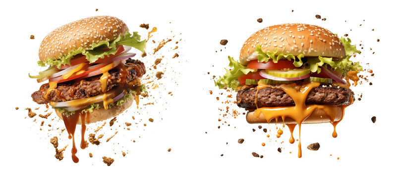Juicy hamburger. Ingredients fly in the air, cut out - stock png. - Powered by Adobe