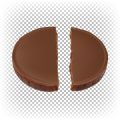 Chocolate round coin broken in half. Vector 3d realistic illustration. Dessert, diagram, infographic, concept.