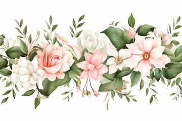 Watercolor floral border wreath with green leaves, pink peach blush and flower branches