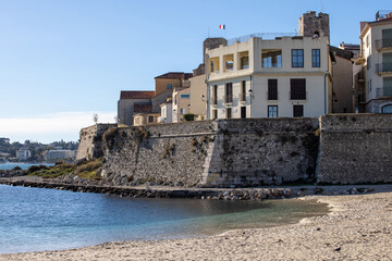 The ramparts in the old town of Antibes on the French Riviera seen from the Gravette beach