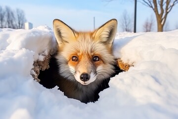 Brauner Fuchs schaut aus seinem Fuchsbau in freier Natur im Schnee. Fuchs in einer Winterlandschaft im Winter. Schaut aus dem Eingang zu seinem Bau. - obrazy, fototapety, plakaty