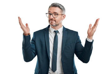 Portrait, shrug and business with man, doubt and employee isolated on transparent background. Face, mature person or entrepreneur with body language, confused and problem solving with png or reaction