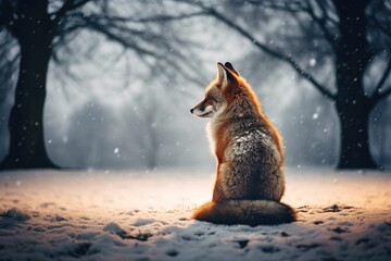Brauner Fuchs sitzt in freier Natur im Schnee und beobachtet die Umgebung.  Fuchs in einer Winterlandschaft im Winter.  - obrazy, fototapety, plakaty