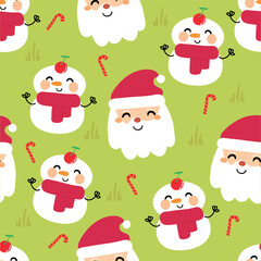 Cartoon Santa seamless pattern with snowman and Christmas elements. Cute Christmas wallpaper for cards, gift wrapping paper