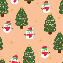 Cartoon snowman seamless pattern with Christmas trees and elements. Cute Christmas wallpaper for cards, gift wrapping paper