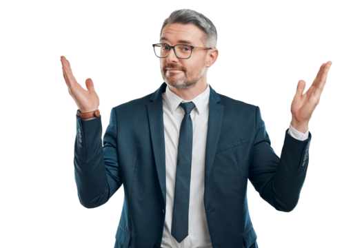 Portrait, shrug and business with man, doubt and employee isolated on transparent background. Face, mature person or entrepreneur with body language, confused and problem solving with png or reaction