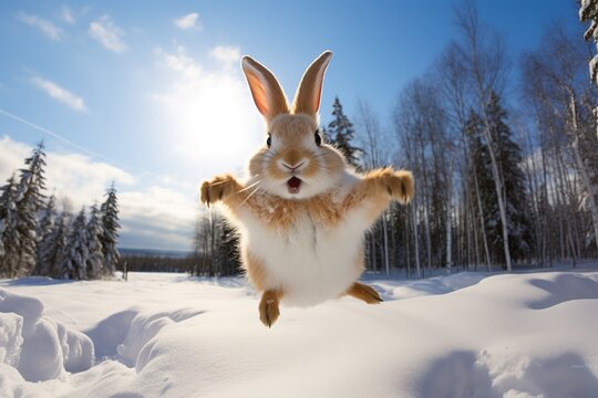 Lustiger Hase oder Karnickel springt in die Kamera im Schnee im Winter. Verschneite Winterlandschaft zur kalten Jahreszeit. H&uuml;pfender Hase fliegt &uuml;ber den Schnee.