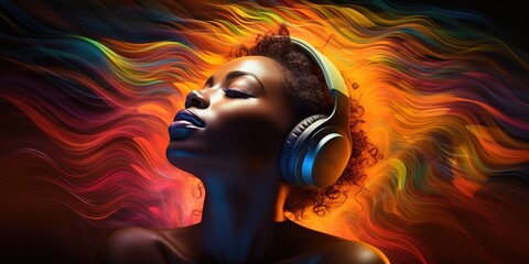 Junge schwarze Frau hört konzentriert und Genussvoll Musik mit einem Kopfhörer. Wellen Illustration Simulieren Schwingungen für Audio und Emotionen als Hintergrundbild.