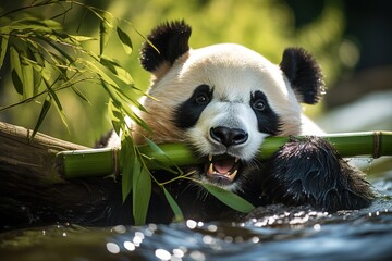 Pandabär frisst Bambusblätter. Ein Panda in freier Natur beim Futtern von Bambus im Wald.