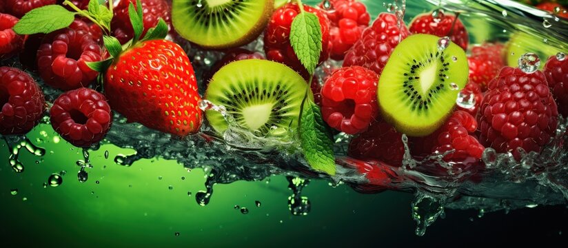 Closeup healthy fruits vitamin strawberry, kiwi and grape on splash water dark background
