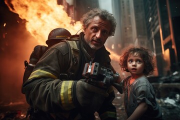 Fototapeta na wymiar Firefighter Rescuing Child From Burning Building