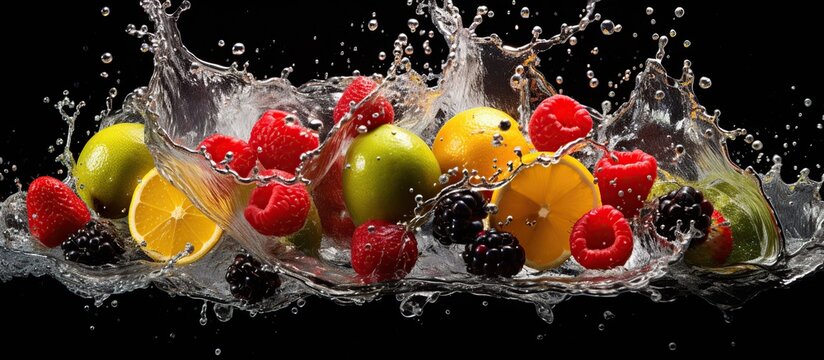 Macro citrus fresh fruits with splashing water isolated on dark background. AI generated image