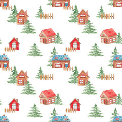 Painted watercolor New Year's pattern. Christmas. Christmas print. Tablecloth. The winter holidays. December 25th. Traditions. Scrubbooking. Scandinavian houses. Scandinavian watercolor pattern.