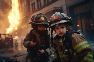 Kid Firefighter Rescuing From Burning Building - obrazy, fototapety, plakaty
