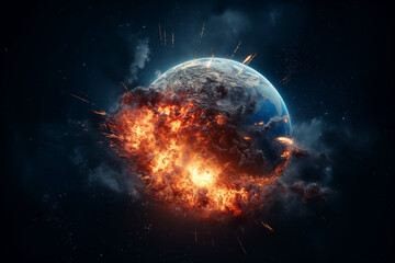 Earth in burns as Global catastrophe, Hell. War on Earth as Climate Change. Planet Earth in space with explosions. Warming and fire on Earth, Death. Earth in burns as Global catastrophe, Hell. - obrazy, fototapety, plakaty