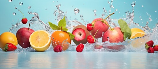 Assorted fresh fruits with splashing water isolated on blue background. AI generated image